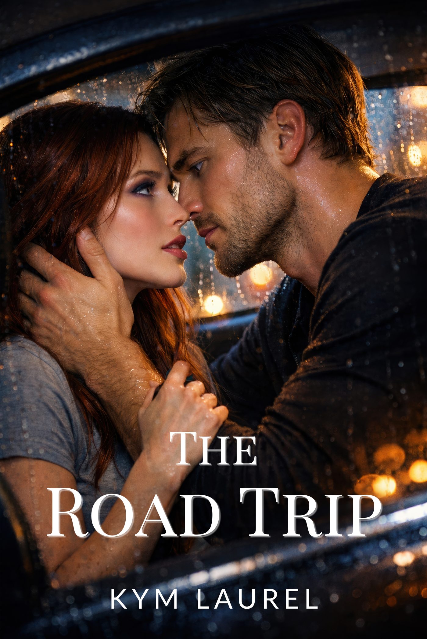 Cover of The Road Trip by Kym Laurel — a couple embracing inside a rain-streaked car at night